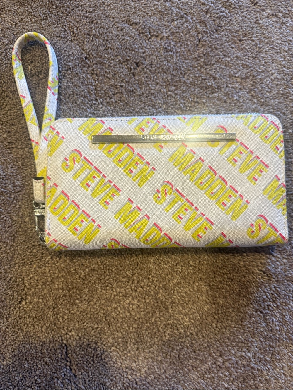 Steve Madden White Wristlet with Yellow and Pink Logo Print
